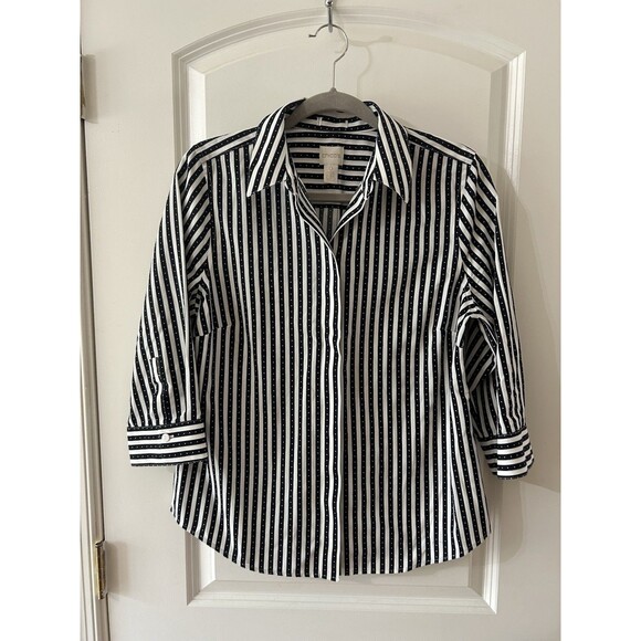 Chico’s Size 0 White Black Button Down Shirt Dots Career Work Back Buttons - Picture 1 of 9